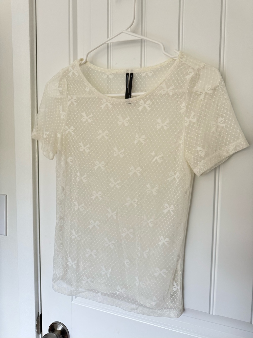 Anthropology Sheer Ivory Bow-Accent Short Sleeve Top